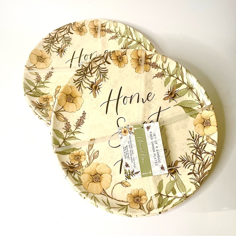 Susan Winget Bee Themed “Home Sweet Home” Bamboo Fiber Dinner Plates - Set of 8